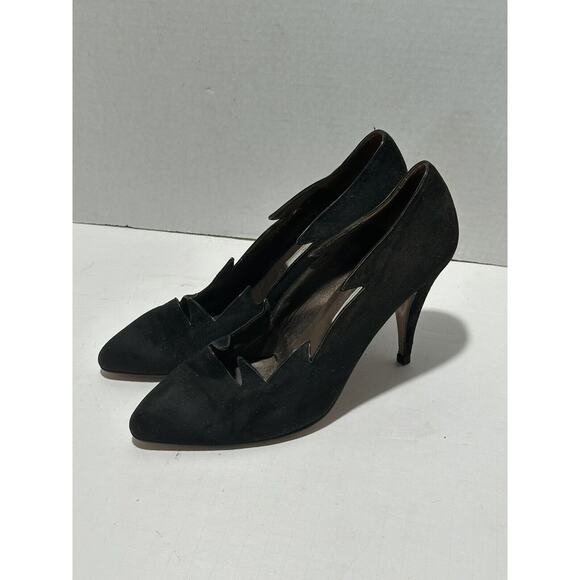 BALLY Vintage Avant Garde Black Suede Heel Pumps Sz 9 - Made in Italy Cut Edges - Picture 1 of 11